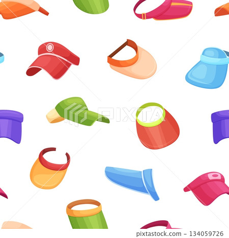 Visor caps seamless pattern. Sport style head accessories for workout, promoters, merchandiser, cashiers. Visors cap print, vector background 134059726