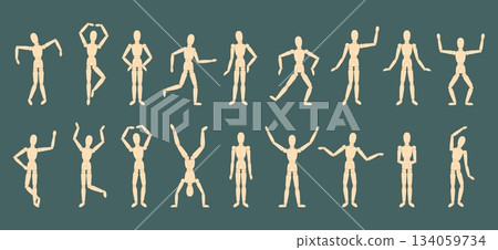 Light wood textured mannequins. Mannequin in various poses, template for painter, sketcher for art work and drawing. Designer tools vector clipart 134059734