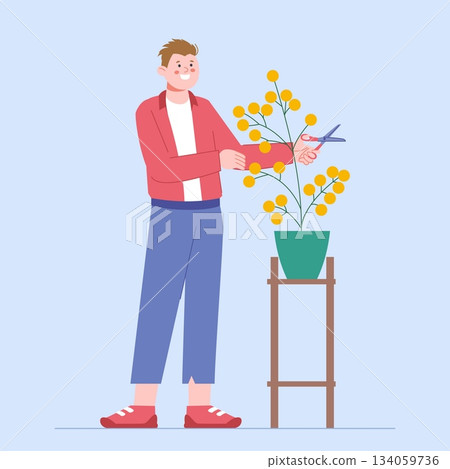 Happy man harvests profits from bush. Investments, dividends and gold coins on potted plant. Young successful investor, vector flat character Happy man harvests profits from bush. Investments, dividends and gold coins on potted plant. Young successful investor, vector flat character 134059736