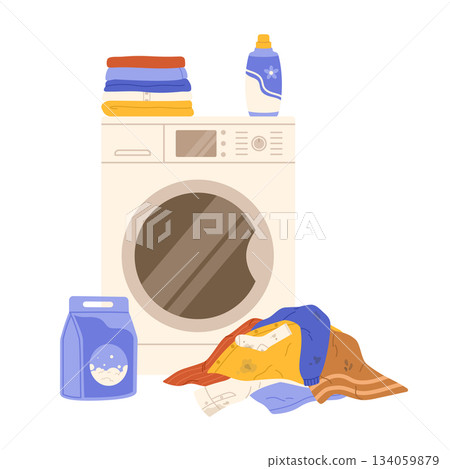 Washing machine and pile of laundry. Flat vector isolated illustration Washing machine and pile of laundry. Flat vector isolated illustration 134059879