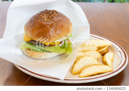 Delicious hamburger and french fries 134060025