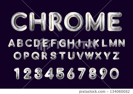 Chrome balloon font. Silver balloons or metal liquid alphabet letters numbers, y2k typography english text chromatic foil effect abstract type, realistic exact vector illustration Chrome balloon font. Silver balloons or metal liquid alphabet letters numbers, y2k typography english text chromatic foil effect abstract type, realistic exact vector illustration 134060082
