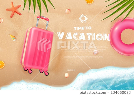 Vacation time banner. Realistic beach sand top view, sea ocean water wave on shore with travel bag luggage inflatable ring palm leaves shells summer holiday 3d vector illustration 134060083