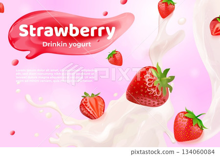 Strawberry drinking yogurt. 3d realistic strawberries with cream falling milk splash, fruit milkshake smoothie summer drink flying red berries ad banner package vector illustration Strawberry drinking yogurt. 3d realistic strawberries with cream falling milk splash, fruit milkshake smoothie summer drink flying red berries ad banner package vector illustration 134060084