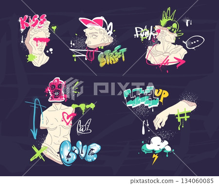 Statue street art. Greek roman sculpture modern urban graffiti artwork, david creative y2k aerosol spray painting contemporary exhibition t-shirt print design vector illustration 134060085