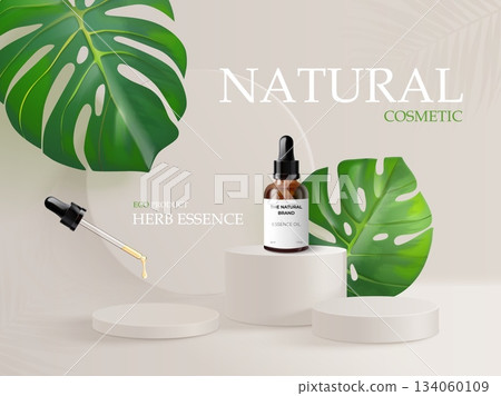 Natural cosmetic serum. Realistic essential oil on eco podium, cosmetics product brand advertising clean nature background herb essence skin care green leaves vector illustration Natural cosmetic serum. Realistic essential oil on eco podium, cosmetics product brand advertising clean nature background herb essence skin care green leaves vector illustration 134060109