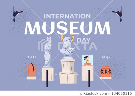 Museum day. Gallery exposition international day 18 may, historical exhibits museum hall contemporary antique art greek statue roman sculpture artworks studio vector illustration Museum day. Gallery exposition international day 18 may, historical exhibits museum hall contemporary antique art greek statue roman sculpture artworks studio vector illustration 134060110