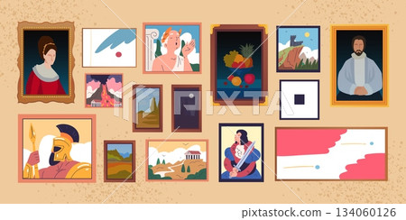 Art gallery paintings. Framed pictures hanging museum wall studio room, photo portrait impressionism drawing artwork frame historical person abstract painting vector illustration Art gallery paintings. Framed pictures hanging museum wall studio room, photo portrait impressionism drawing artwork frame historical person abstract painting vector illustration 134060126