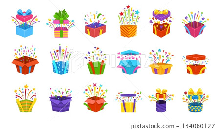 Cartoon giftbox confetti. Gift box explosion, pleasant surprise open present unbox sale concept holiday boxes case birthday christmas wrapping, gifts set kicky vector illustration 134060127