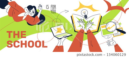 Online education banner. Internet school training, ebook study university web course distance learning science concept abstract line icon poster design classy vector illustration 134060129