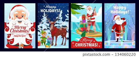 Christmas posters and greeting cards with cheerful Santa Claus, elf and reindeer cartoon characters in festive winter scenes, tropical adventure and musical stage performance. Vector holiday cards 134060220