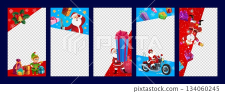 Christmas social media templates with funny Santa, holiday gifts and elf character, vector publication posts. Christmas media templates, cartoon Santa riding motorcycle with gifts and decorations 134060245
