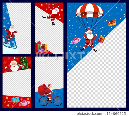 Christmas social media post template with Santa Claus characters skiing, cycling, parachuting and celebrating around blank vertical frames. Vector holiday layout for seasonal festive story posts Christmas social media post template with Santa Claus characters skiing, cycling, parachuting and celebrating around blank vertical frames. Vector holiday layout for seasonal festive story posts 134060315