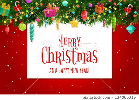 Merry Christmas greeting card for winter holiday with Xmas tree decorations, vector banner. Merry Christmas and Happy New Year greeting card of fir branch decorated with Santa gifts, baubles and stars Merry Christmas greeting card for winter holiday with Xmas tree decorations, vector banner. Merry Christmas and Happy New Year greeting card of fir branch decorated with Santa gifts, baubles and stars 134060319