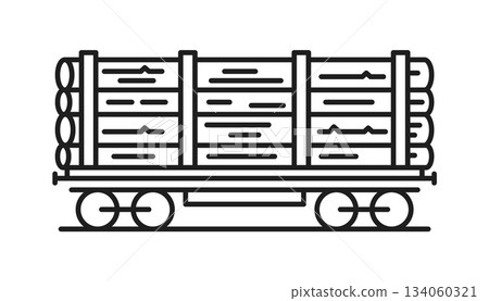 Wood logs shipment wagon, cargo logistics railway line icon or label. Cargo shipment transport lineart pictogram, freight delivery logistics vector sign. Goods railroad transportation outline symbol Wood logs shipment wagon, cargo logistics railway line icon or label. Cargo shipment transport lineart pictogram, freight delivery logistics vector sign. Goods railroad transportation outline symbol 134060321