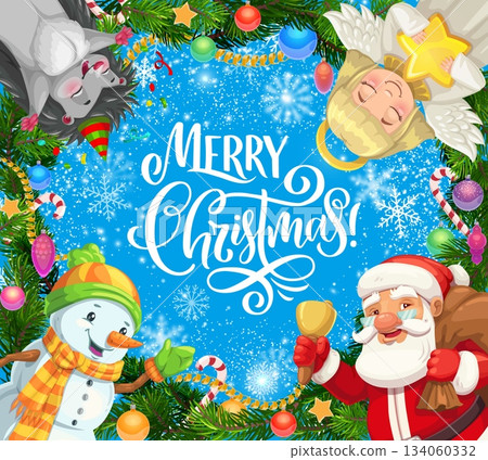 Merry Christmas greeting card with Xmas characters. Cartoon vector festive banner with smiling snowman, Santa with a bell, cute winter angel and a hedgehog. Pine branch frame, ornaments and snowflakes Merry Christmas greeting card with Xmas characters. Cartoon vector festive banner with smiling snowman, Santa with a bell, cute winter angel and a hedgehog. Pine branch frame, ornaments and snowflakes 134060332