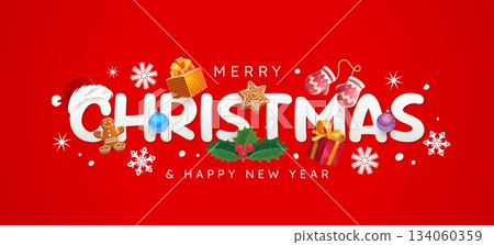 Christmas greeting card for winter holiday with decorations and Santa gifts, vector banner. Merry Christmas and Happy New Year greeting card with holly, knitted mittens and gingerbread man cookie 134060359
