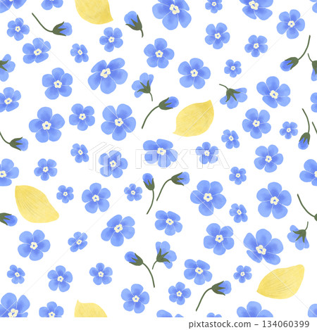 Floral seamless pattern with blue forget-me-nots, yellow flower petals. Hand-drawn digital illustration in flat naive style. For design 134060399