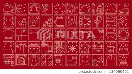 Christmas holiday line decoration elements of snowflake, jingle bell, gift, gingerbread cookie, garland, hat, house, bauble and firework. Vector mitten, candy, sweater, snowman and pine tree, candle Christmas holiday line decoration elements of snowflake, jingle bell, gift, gingerbread cookie, garland, hat, house, bauble and firework. Vector mitten, candy, sweater, snowman and pine tree, candle 134060401