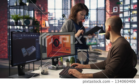 Coworkers using AI chatbot interface to generate video game spaceship environments, modern system applies deep learning and machine learning techniques. Developing sci fi gaming designs. Camera A. 134060406