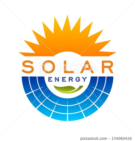 Solar energy technology icon. Renewable energy production company vector icon, clean electricity industry badge. Solar electric service emblem with shining sun rays and curved blue solar panels Solar energy technology icon. Renewable energy production company vector icon, clean electricity industry badge. Solar electric service emblem with shining sun rays and curved blue solar panels 134060426