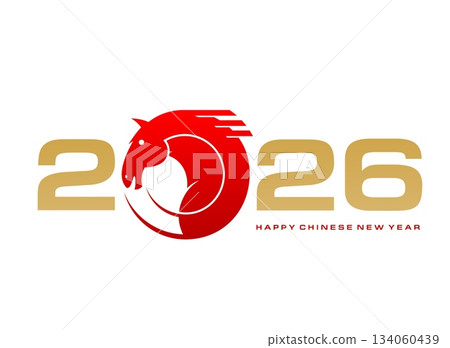 2026 chinese year of horse sticker or patch. Oriental 2026 lettering, Chinese holiday vector patch. Lunar calendar 2026 year typography label with golden typography and red horse mane graphic head 134060439