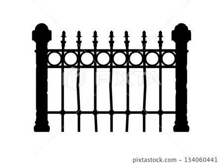 Halloween iron fence border silhouette. Scary metal vector palisade silhouette, park creepy iron border form. Halloween horror cemetery antique barrier or spooky graveyard forged fence shape 134060441