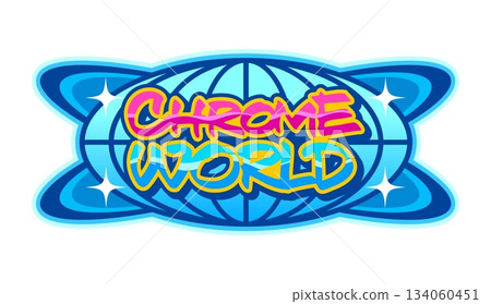 Chrome world globe Y2K retro icon or emblem. Earth sphere mesh Y2K vector emblem, international travel and technology globus symbol. Geography planet Earth sign with graffiti handwritten typography Chrome world globe Y2K retro icon or emblem. Earth sphere mesh Y2K vector emblem, international travel and technology globus symbol. Geography planet Earth sign with graffiti handwritten typography 134060451