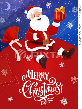 Merry Christmas greeting card with cartoon Santa character sitting on large red gift sack with a present in hand, surrounded by snowflakes and a starry night sky. Vector festive winter Xmas eve scene Merry Christmas greeting card with cartoon Santa character sitting on large red gift sack with a present in hand, surrounded by snowflakes and a starry night sky. Vector festive winter Xmas eve scene 134060506