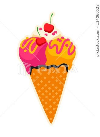 Fast food ice cream cone retro Y2K sticker or label. Takeout menu dairy food retro vector sticker, takeaway dessert patch. Sundae ice cream with,waffle cone and cherry fast food sweet meal Y2K tag Fast food ice cream cone retro Y2K sticker or label. Takeout menu dairy food retro vector sticker, takeaway dessert patch. Sundae ice cream with,waffle cone and cherry fast food sweet meal Y2K tag 134060528