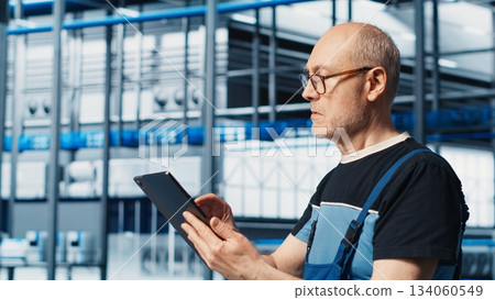 Senior engineer in smart photovoltaics factory looking at system performance metrics on tablet. Experienced solar panels plant worker tracking energy production through IoT sensors on device, camera A Senior engineer in smart photovoltaics factory looking at system performance metrics on tablet. Experienced solar panels plant worker tracking energy production through IoT sensors on device, camera A 134060549
