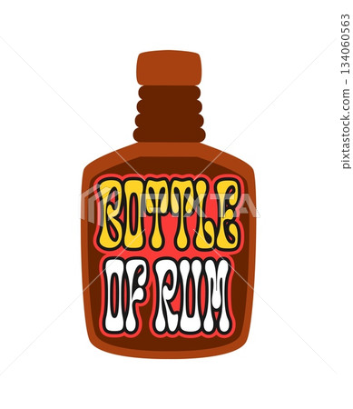 Pirates bottle of rum vintage Y2K sticker or label. Filibuster nautical patch, corsair marine vintage vector sticker. Pirate treasure hunting Y2K label or tag with rum alcohol drink bottle 134060563