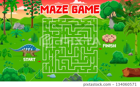 Labyrinth maze game worksheet, help dinosaur mon find her dino kids egg. Kids quiz game vector worksheet, search path puzzle or riddle. Labyrinth maze with panoplosaurus dinosaur mother and eggs 134060571