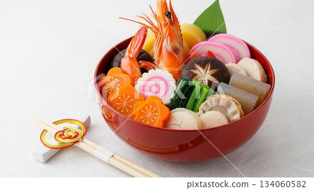 A photo of luxurious New Year's dishes served in black lacquered bowls 134060582