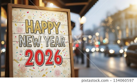A winter street photo showing signs for NEW YEAR 2026 installed around town A winter street photo showing signs for NEW YEAR 2026 installed around town 134060597