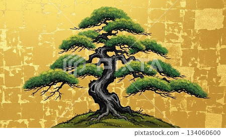 A striking Japanese New Year's design featuring pine trees on a golden background 134060600