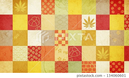 日式背景設計素材，黃紅相間的方格圖案 134060601