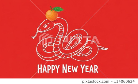 新年快樂設計插畫，圖案為一條蛇和一顆橘子，背景為紅色 134060624