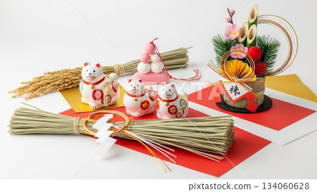 一張白色背景的新年裝飾照片，圖案包括松樹、竹子、梅花和火炬樹，以及一套盒裝裝飾品。 134060628