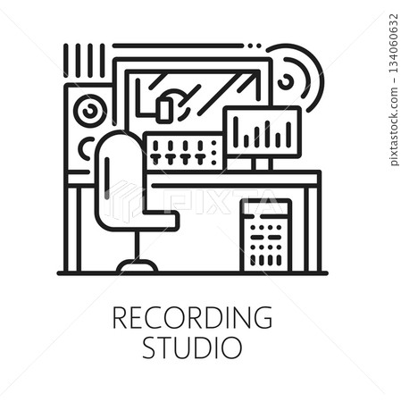 Sound recording studio line icon or label. Audio mixing equipment icon, sound design mastering vector sign. Voice dubbing recording studio pictogram with audio engineer professional mixing station 134060632