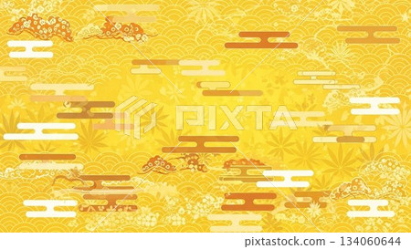 A gorgeous Japanese-style background material with a golden Japanese paper texture and cloud patterns 134060644