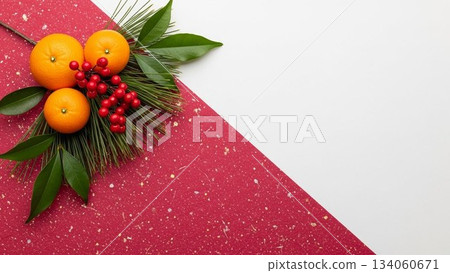 Modern New Year's design material with a red striped background and Mizuhiki decorations 134060671