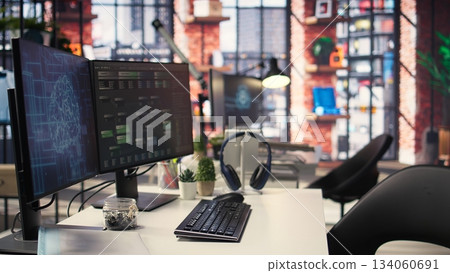 Agency setup showcases a high tech digital system used for deep learning and AI or visual programming. Notes trees and data mining terminals reflect innovation in computing and cybernetics. Agency setup showcases a high tech digital system used for deep learning and AI or visual programming. Notes trees and data mining terminals reflect innovation in computing and cybernetics. 134060691