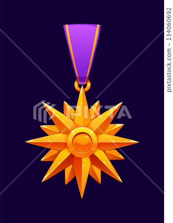 Game medal of golden star, award icon for victory or achievement, vector icon. Winner trophy medal or military order with golden chevron ribbon for first place and game level award badge 134060692
