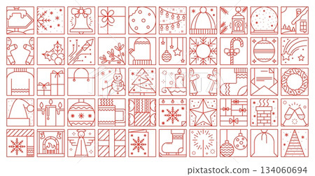 Christmas holiday line decoration isolated elements of winter Xmas, vector icons. Christmas thin line art bauble with wreath and Santa gifts with snowman, snowflake and fireplace with socks in outline 134060694
