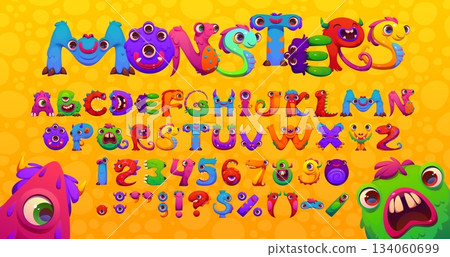 Bugaboo font of monsters and bogle typeface letters and scarecrow alphabet, vector type. Cartoon kids font of funny spooky characters in and bugaboo creatures, slimes and ogres with claws and fangs Bugaboo font of monsters and bogle typeface letters and scarecrow alphabet, vector type. Cartoon kids font of funny spooky characters in and bugaboo creatures, slimes and ogres with claws and fangs 134060699