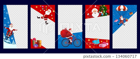 Christmas holiday social media vector templates with Santa characters, gifts and snow. Festive background, frame, winter border layouts with Noel personages skiing, cycling, parachuting or celebrating 134060717