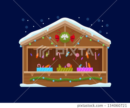 Christmas holiday market booth or winter street bazaar kiosk with candy canes, cartoon vector. Christmas market shop booth or store kiosk and wooden stall with sweet desserts, candies and confection 134060721