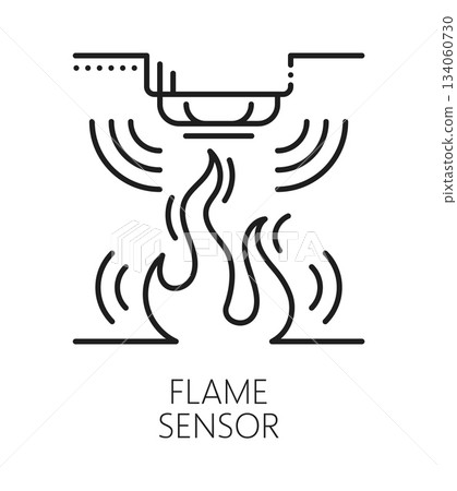 Flame detection alarm sensor line icon. Flame detection sensor linear sign, smart home technology alarm lineart vector pictogram. Security system outline icon or fire safety innovation symbol 134060730