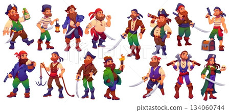Cartoon pirate captains and corsair sailors characters set with vintage costumes, hats, hook, guns and swords. Vector funny men and woman pirates characters, treasure chest, rum bottle, skull and axe 134060744